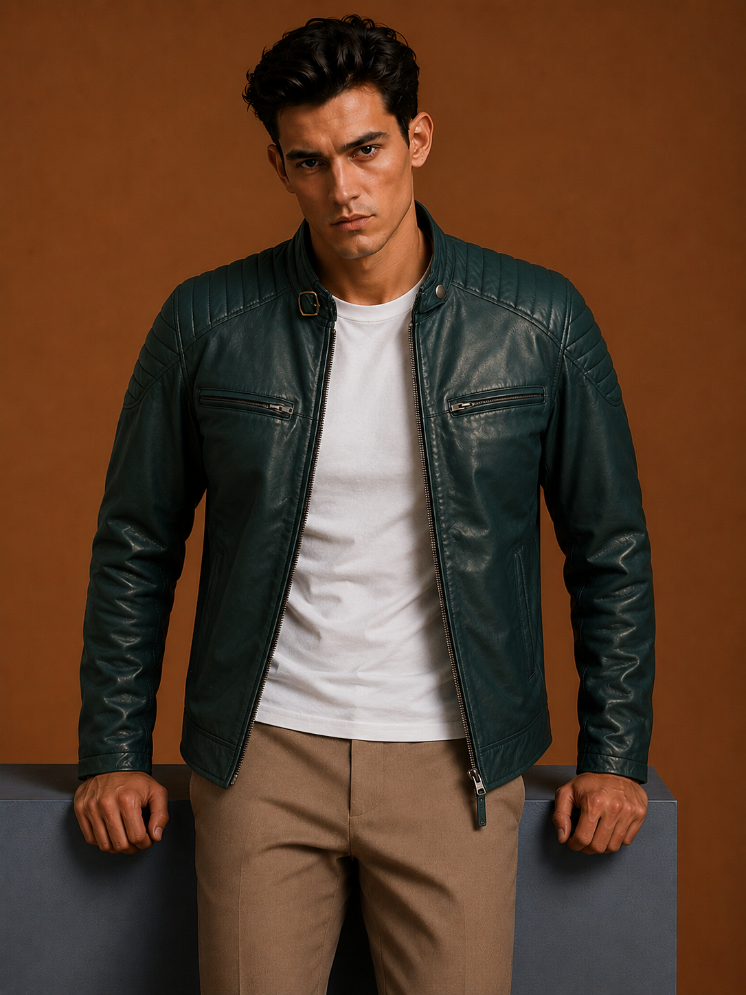 Gorege Green Leather Bomber Jacket