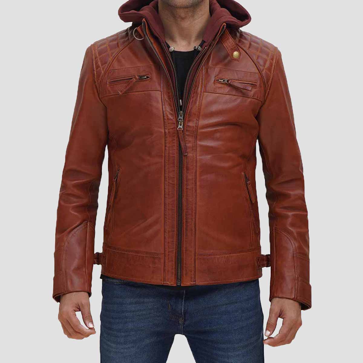 Bomter Hooded Leather Biker Jacket