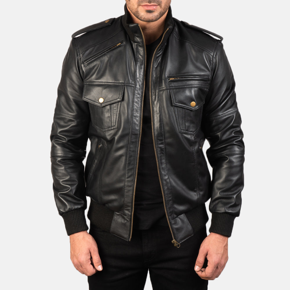 Agent Shadow  Leather Bomber Jacket