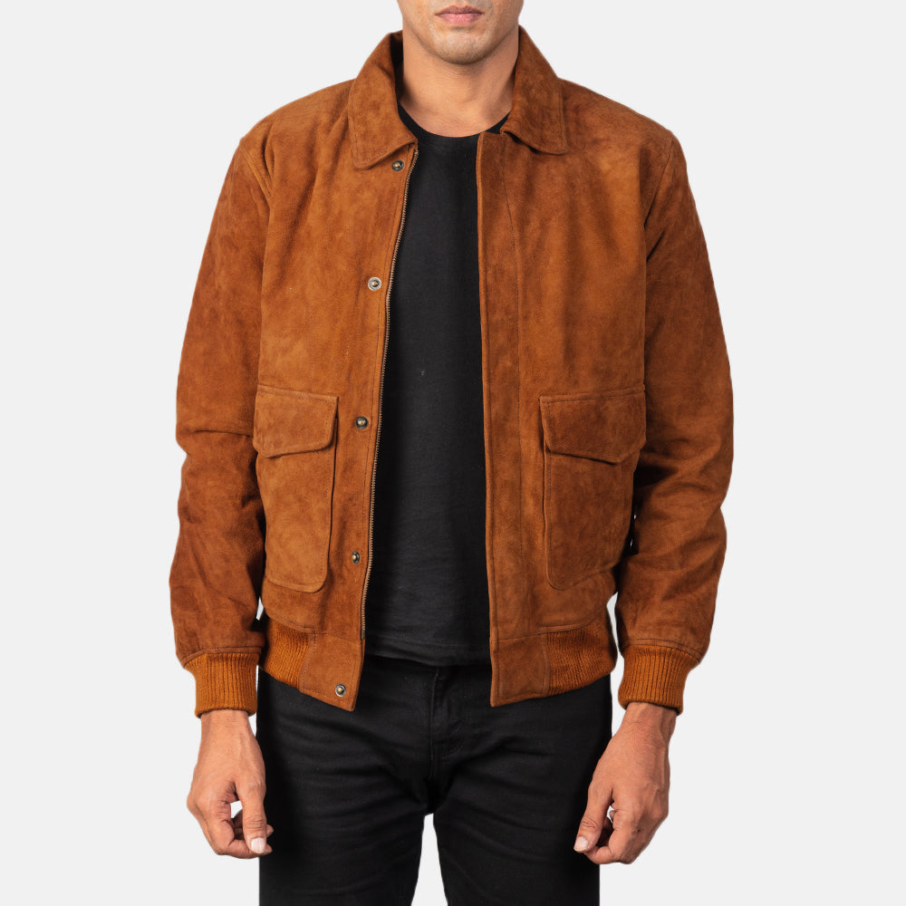 NFLeather Men's Brown Suede Leather Bomber Jacket – Solid, Zipper Closure, New With Tags