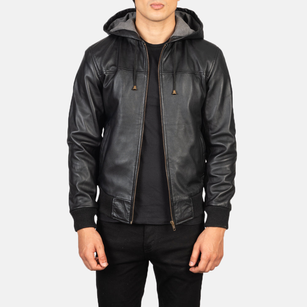 Nintenzo  Hooded Leather Bomber Jacket