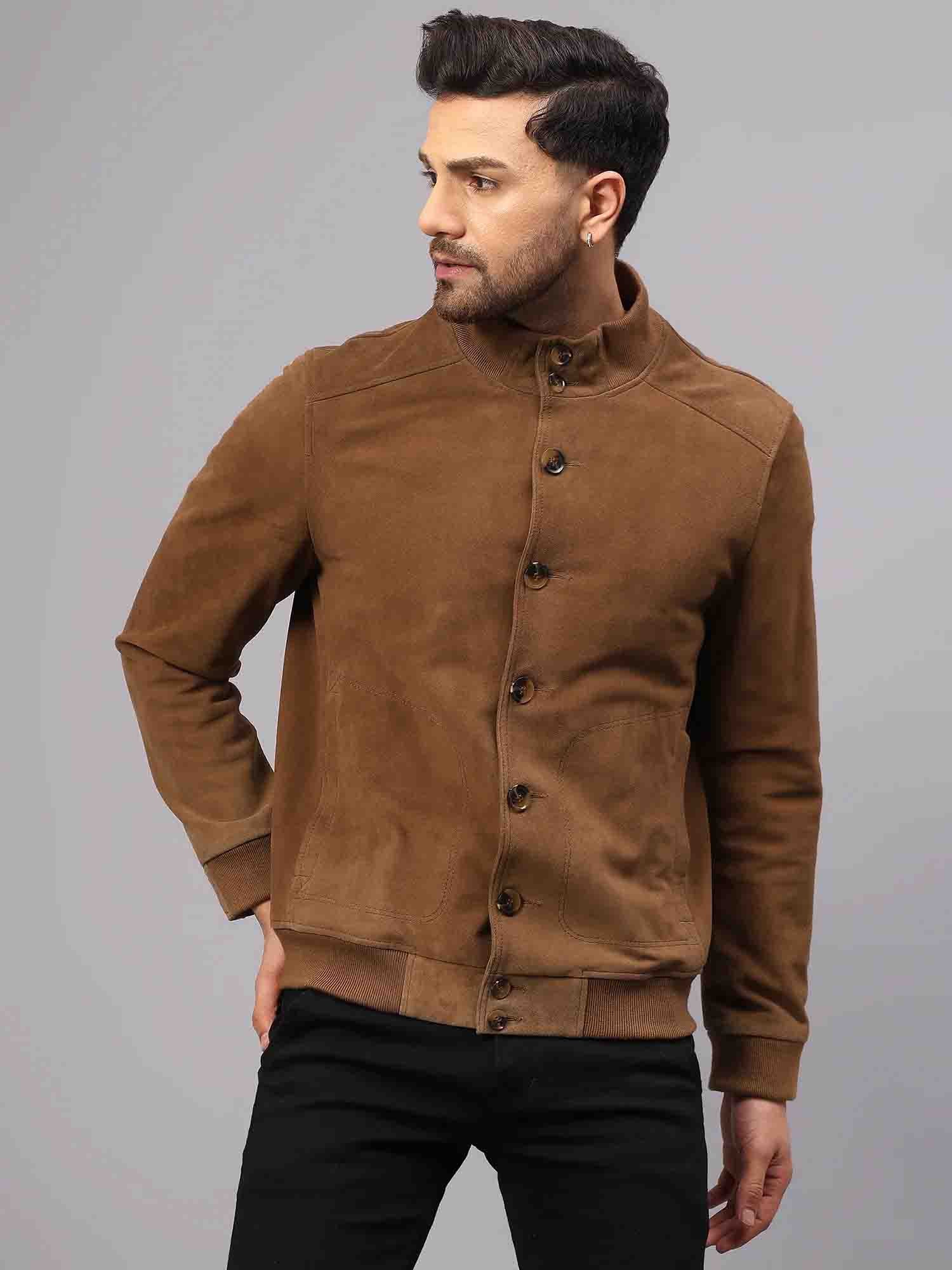 Brown Suede Leather Bomber Jacket