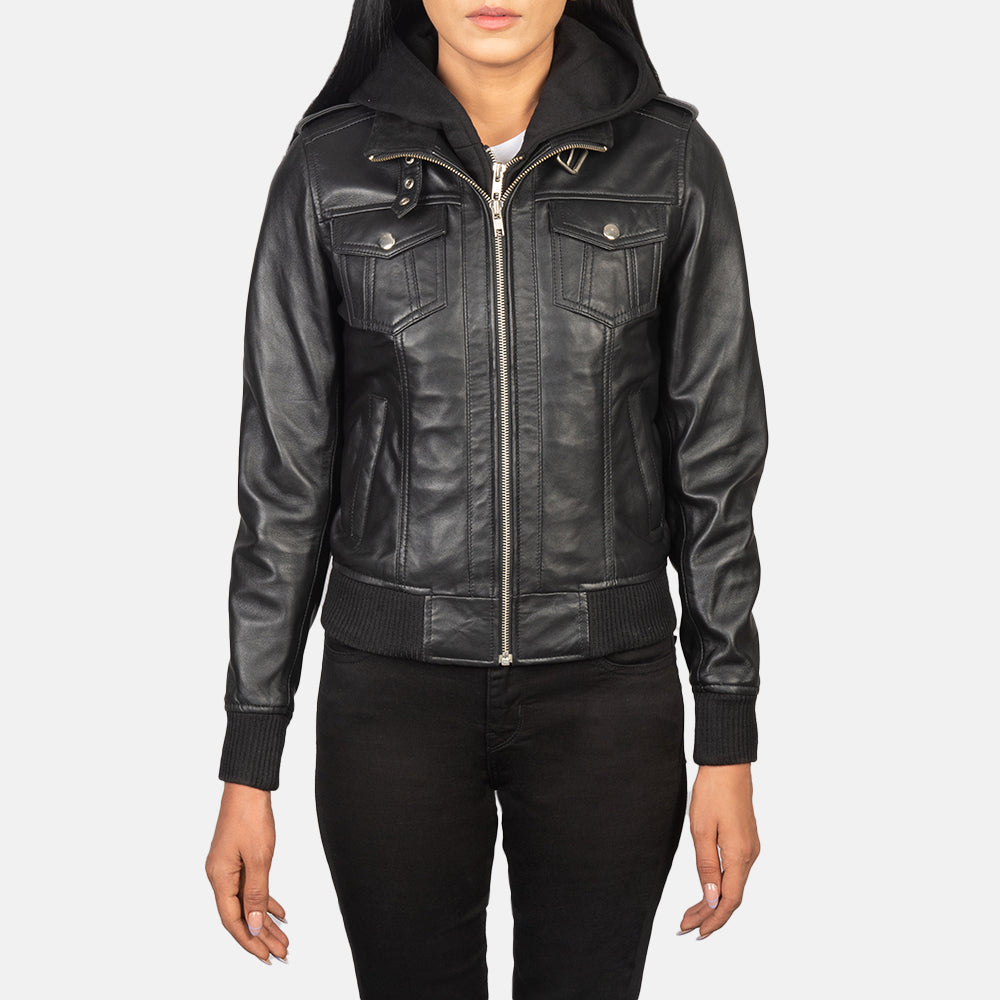 Roslyn  Hooded Leather Bomber Jacket