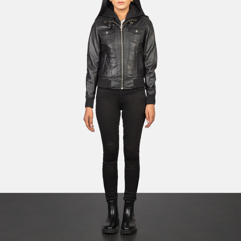 Roslyn  Hooded Leather Bomber Jacket