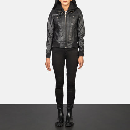 Roslyn  Hooded Leather Bomber Jacket