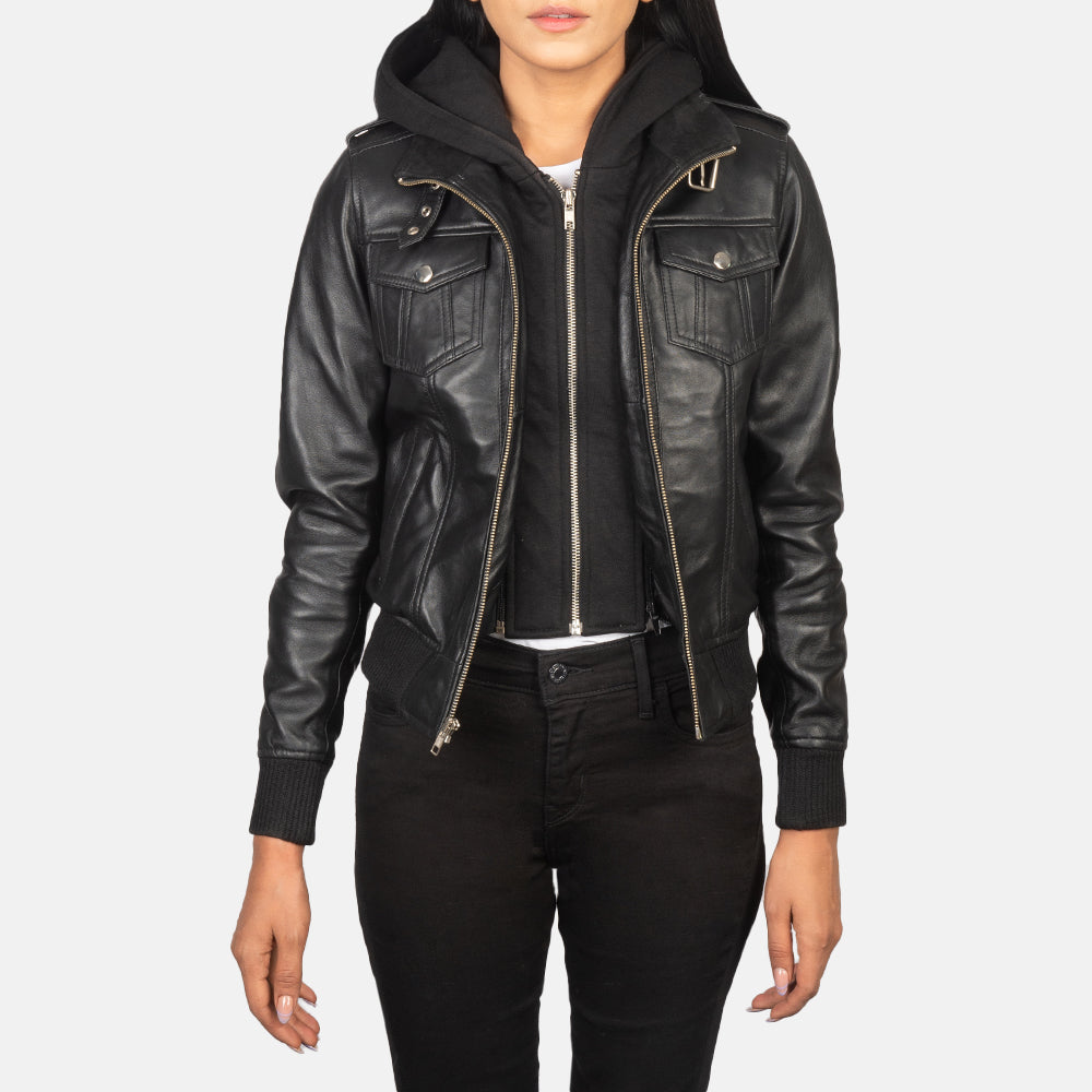 Roslyn  Hooded Leather Bomber Jacket
