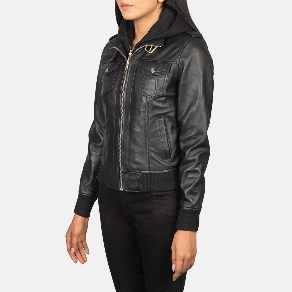 Roslyn  Hooded Leather Bomber Jacket