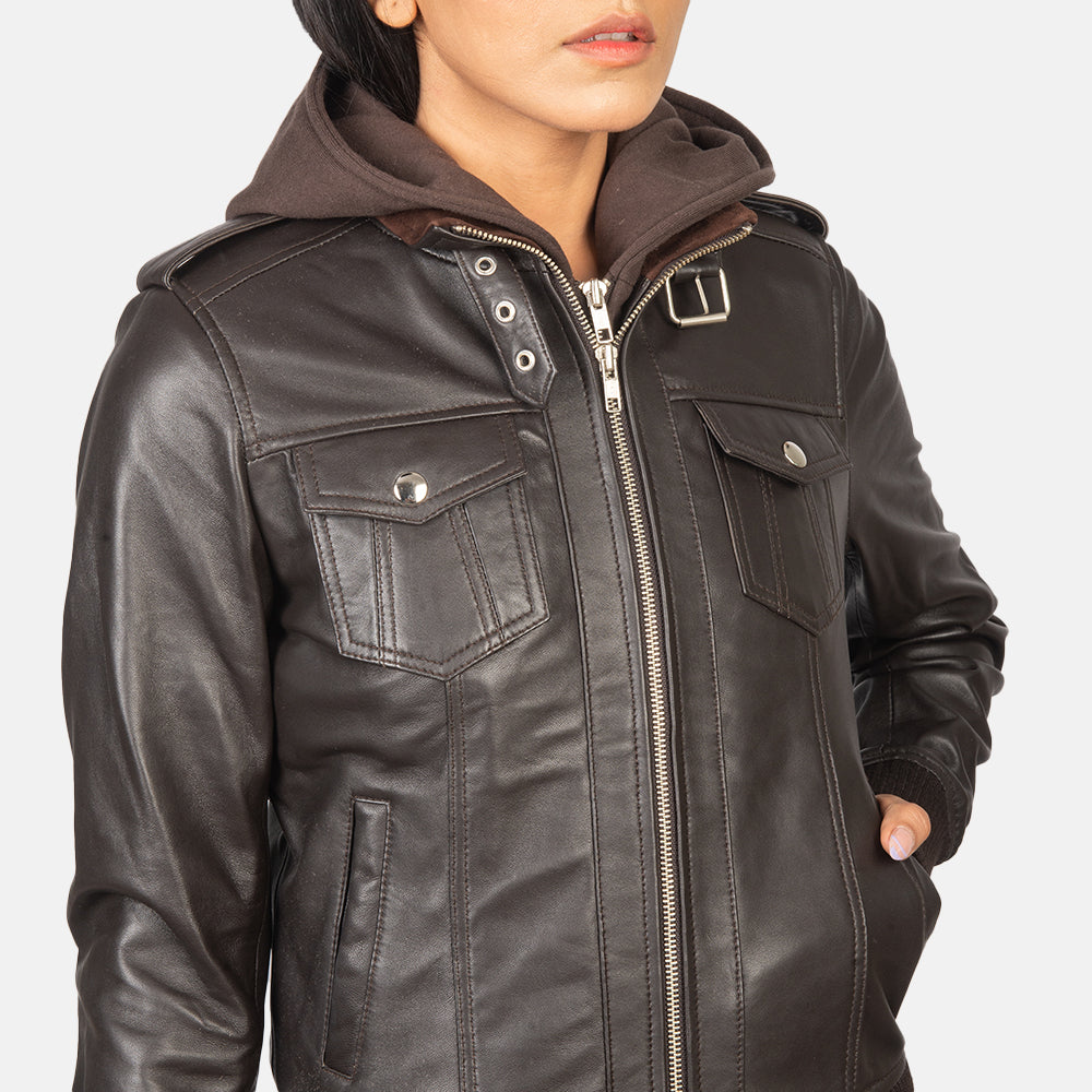 Roslyn  Hooded Leather Bomber Jacket