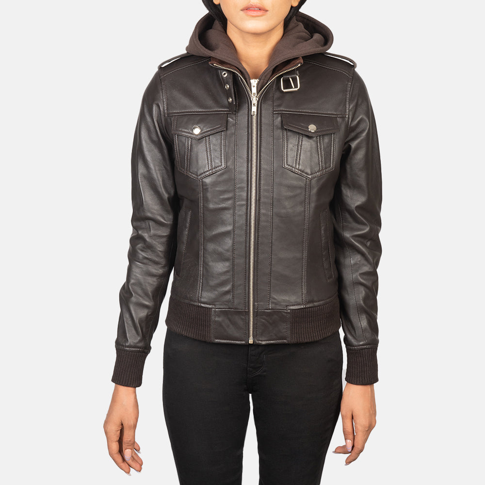 Roslyn  Hooded Leather Bomber Jacket