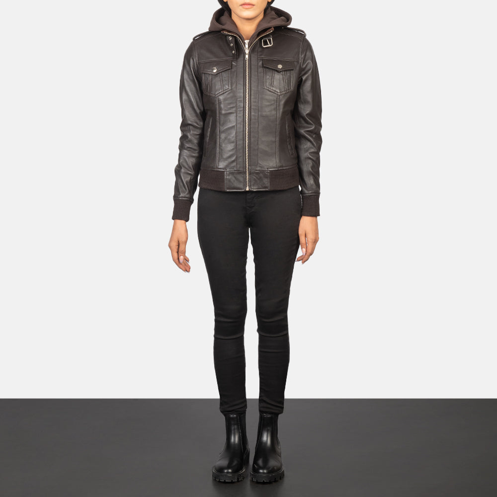 Roslyn  Hooded Leather Bomber Jacket