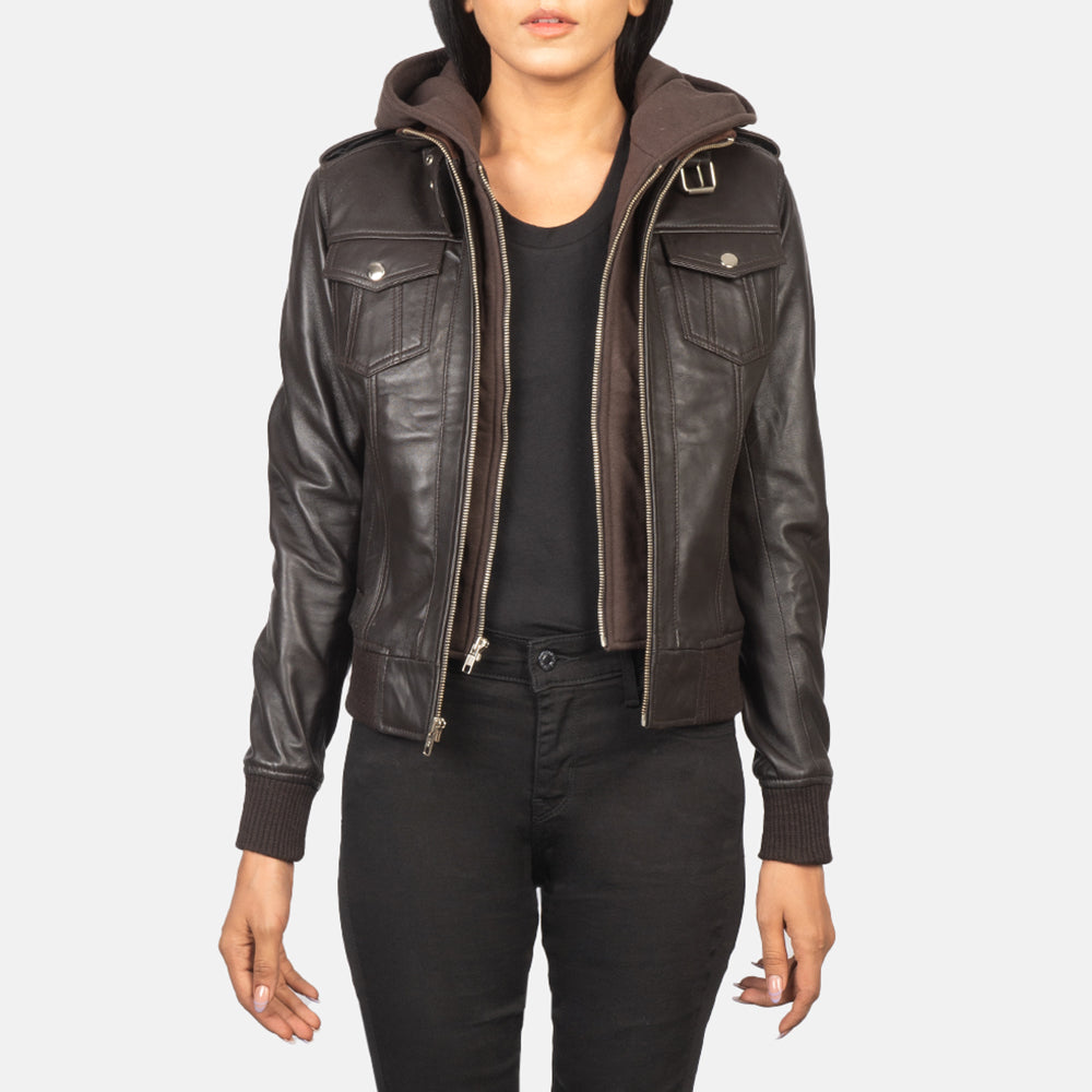 Roslyn  Hooded Leather Bomber Jacket