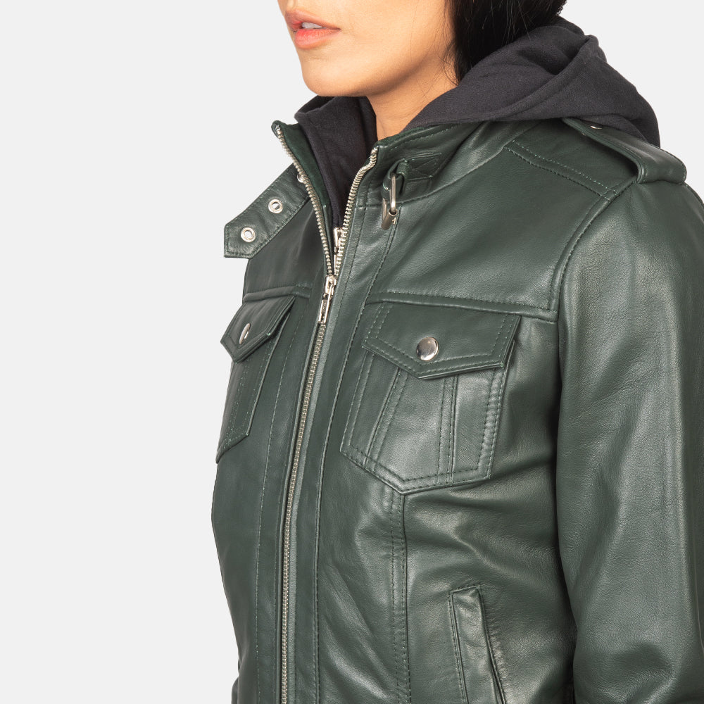 Roslyn  Hooded Leather Bomber Jacket