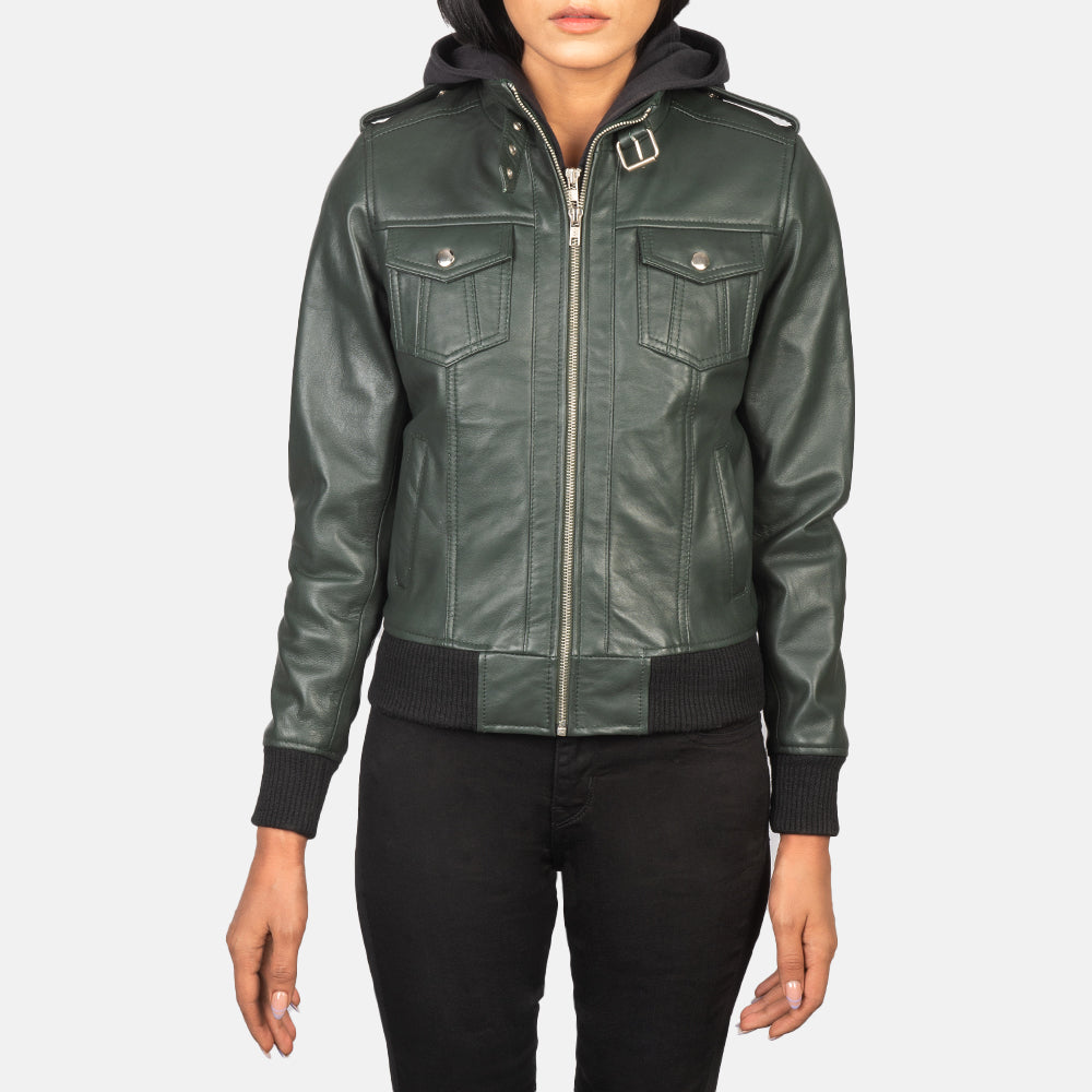 Roslyn  Hooded Leather Bomber Jacket