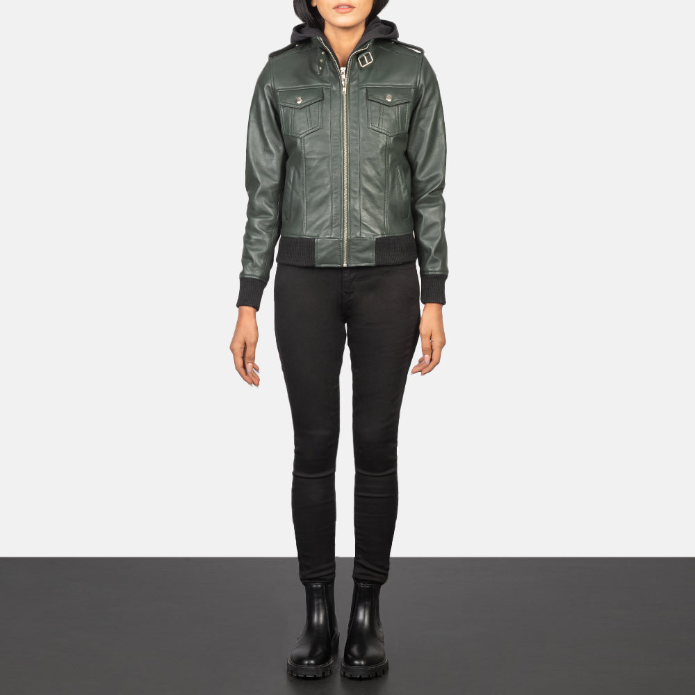 Roslyn  Hooded Leather Bomber Jacket