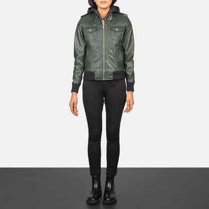 Roslyn  Hooded Leather Bomber Jacket