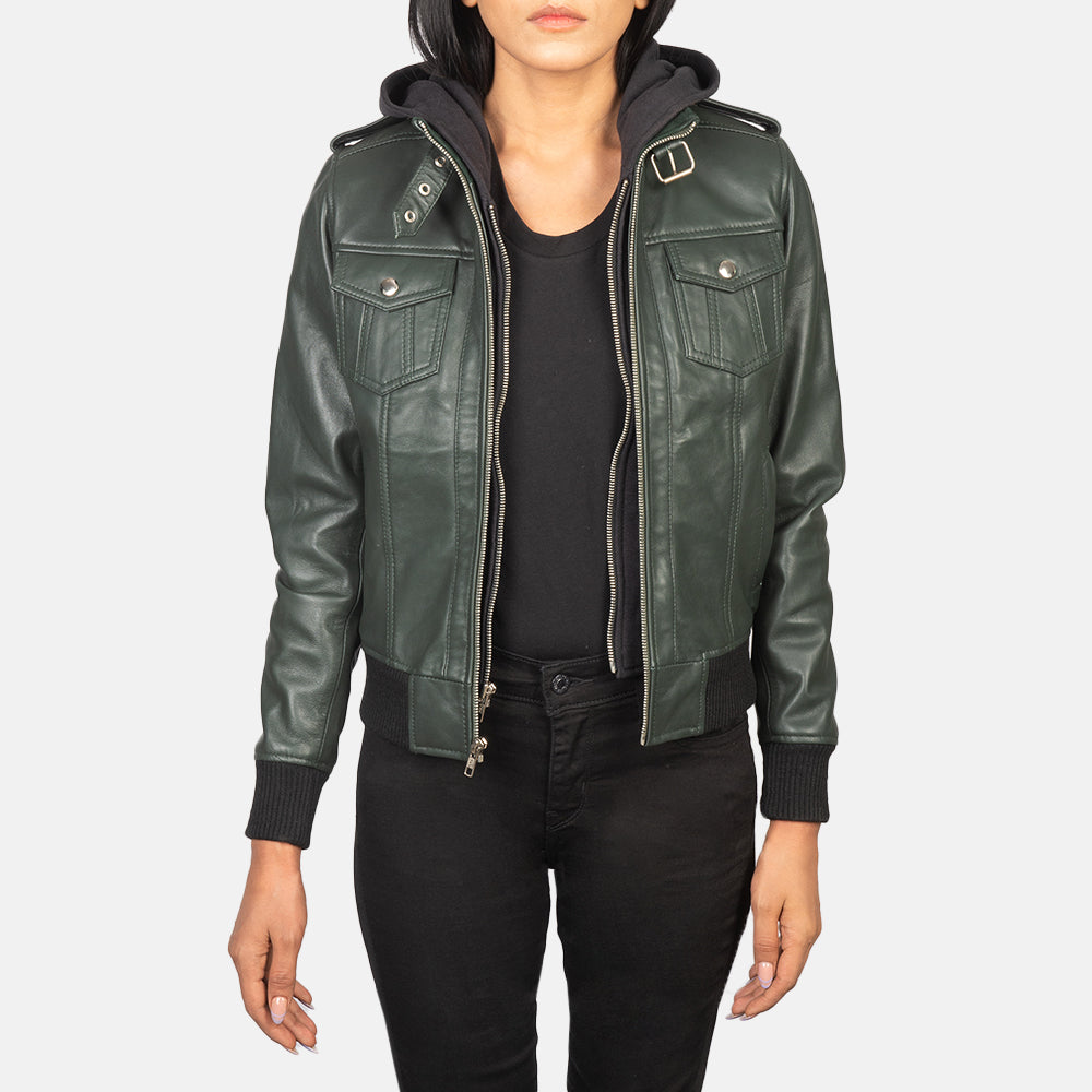 Roslyn  Hooded Leather Bomber Jacket