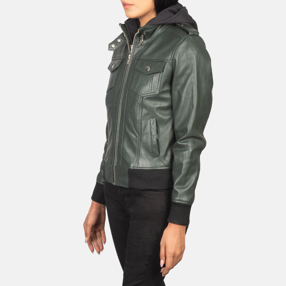 Roslyn  Hooded Leather Bomber Jacket